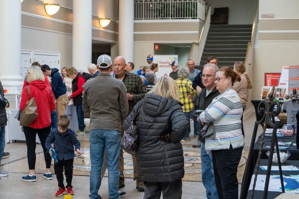 Dalton First members gathering and connecting in the church foyer